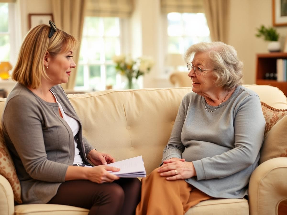 A care coordinator listening to a person during a home assessment.